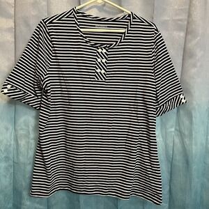 Women's Appleseeds Navy Blue Striped Short Sleeve Button Cuff Blouse‎ Top (L)